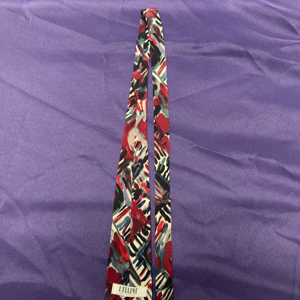 Cellini Collection Men's Silk Tie Abstract Floral‎ Red Blue Black White Neckwear